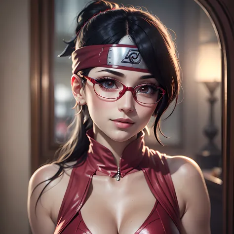 uchiha sarada, naruto shippuden, glasses, sleeveless red kimono, bandana on forehead, masterpiece, solo, full body (best quality...