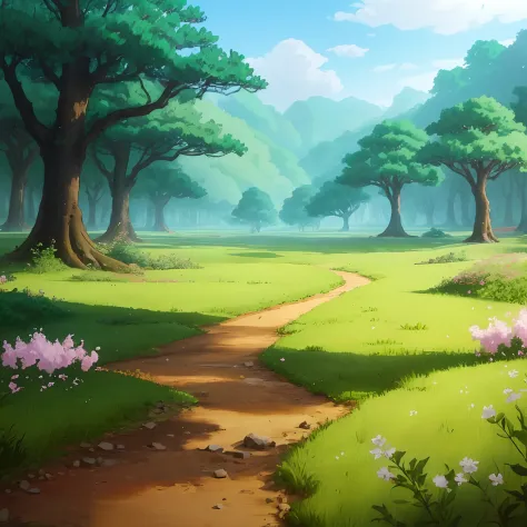 Chinese animation landscape，Ground view inside the forest，There are trees, There are meadows, There are flowers and small grasse...