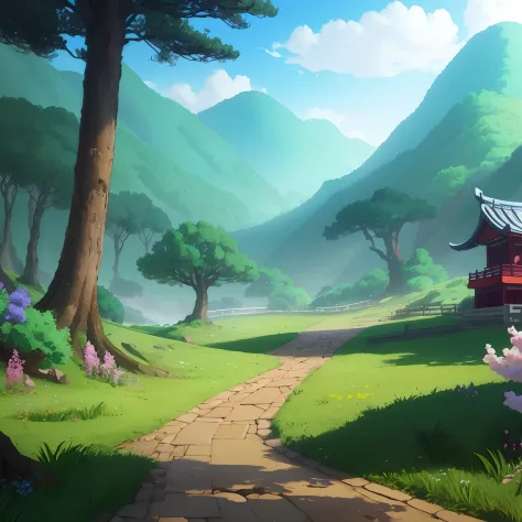 Chinese animation landscape，Ground view inside the forest，There are trees, There are meadows, There are flowers and small grasses，4k高清