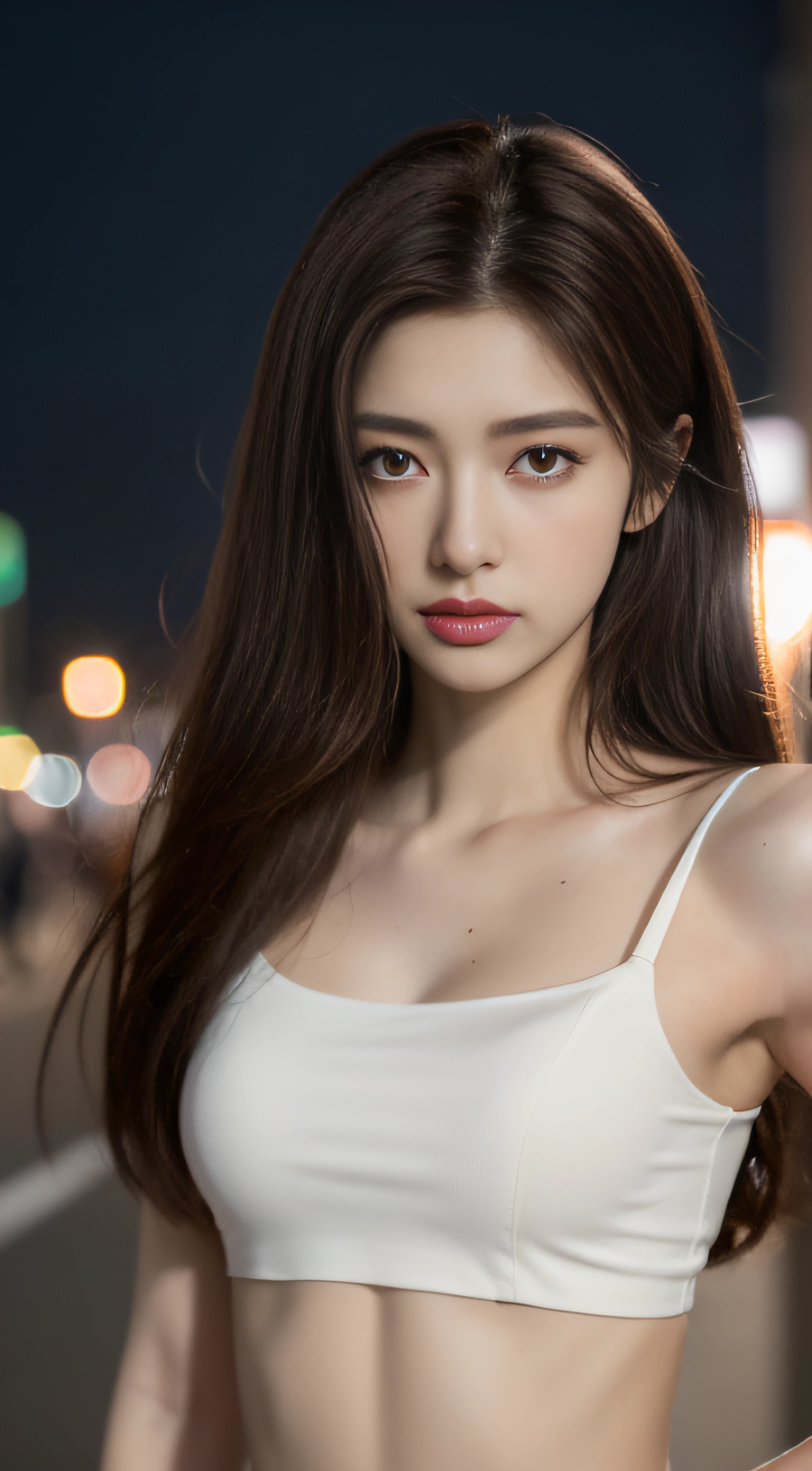 ((Realistic lighting, Best quality, 8K, Masterpiece: 1.3)), Clear focus: 1.2, 1girl, Perfect Figure: 1.4, Slim Abs: 1.1, ((Dark brown hair)), (White crop top: 1.4), (Outdoor, Night: 1.1), City streets, Super fine face, Fine eyes, Double eyelids,