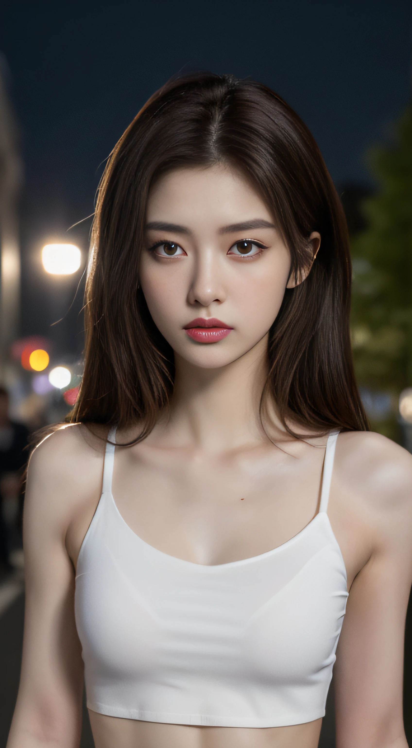 ((Realistic lighting, Best quality, 8K, Masterpiece: 1.3)), Clear focus: 1.2, 1girl, Perfect Figure: 1.4, Slim Abs: 1.1, ((Dark brown hair)), (White crop top: 1.4), (Outdoor, Night: 1.1), City streets, Super fine face, Fine eyes, Double eyelids,