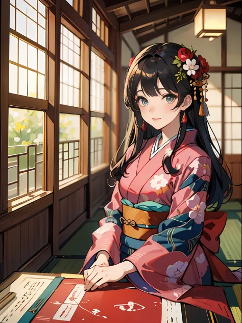 Master Pieces,hyper quality, Hyper Detailed,Perfect drawing,独奏、Beauty in the world、Komono、Japanese dress、Black-haired、Japanese hair、Colorful Japan kimono、Nishijin Ori、Delicate and smart eyes、ssmile、sidelong glance、Graceful、Gorgeous、Beautiful、red blush(0.2)...
