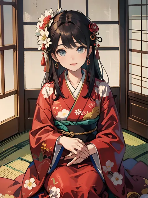 Master Pieces,hyper quality, Hyper Detailed,Perfect drawing,独奏、Beauty in the world、Komono、Japanese dress、Black-haired、Japanese hair、Colorful Japan kimono、Nishijin Ori、Delicate and smart eyes、ssmile、sidelong glance、Graceful、Gorgeous、Beautiful、red blush(0.2)...