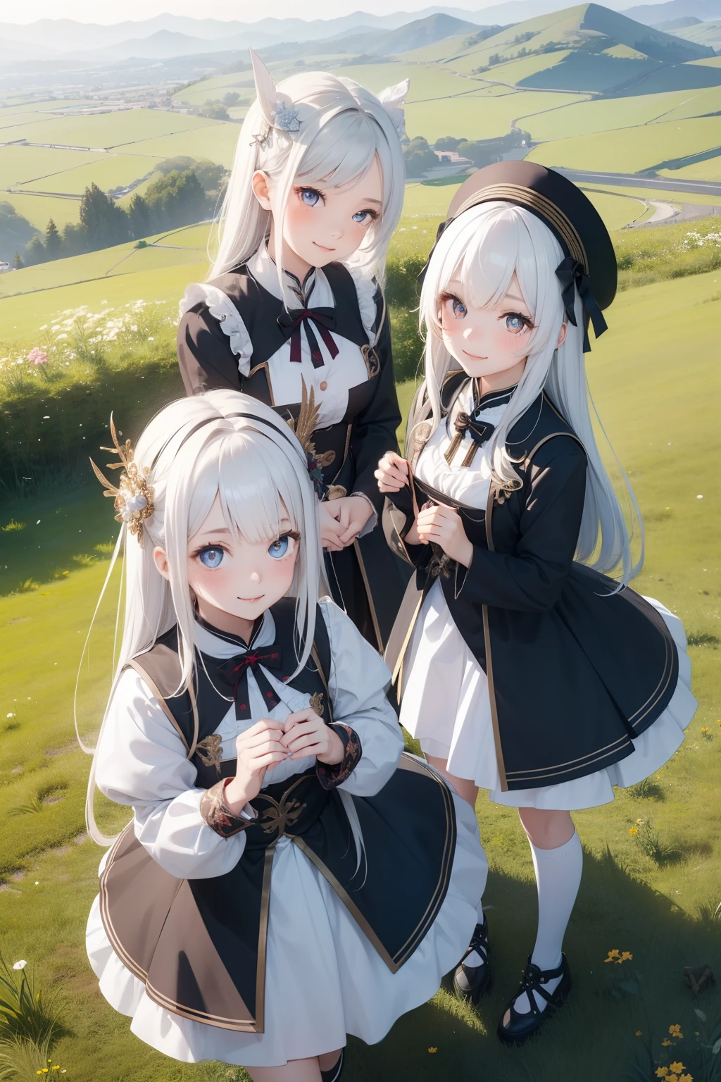 3 girl, 3girl, Twin sisters, Same appearance, jiaocha, chinese clothes, masterpiece,intricate details,best quality,,nahida_genshin,detailed eyes,((cross-shaped pupils)),1girl, from above,white hair,sunlight,smile,glow green particles,outdoors,sunshine,grass,grassland,field of depth, (masterpiece, best quality:1.2), 3girl, marianna von edmund, smile, looking at viewer, garreg mach monastery uniform, long sleeves, dark , jiaocha, twin sister Same appearance. {white color hair}