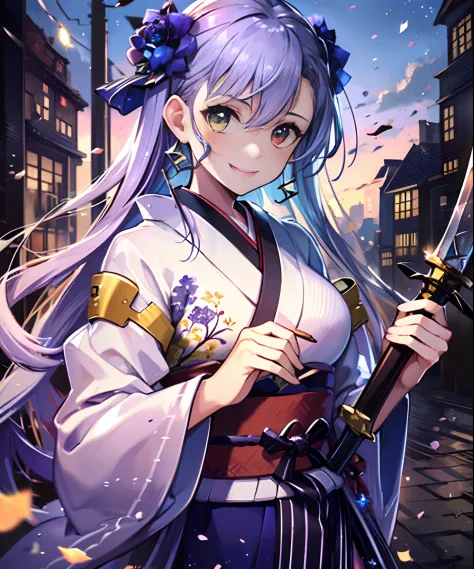(((​masterpiece)))、(((top-quality)))、((ultra-detailliert))、1girl in、A smile、The long-haired、Light purple hair、strong breeze、In nature、Holding a sword in his hand、Kimono、Longsword、battle field、Star chips、overlord