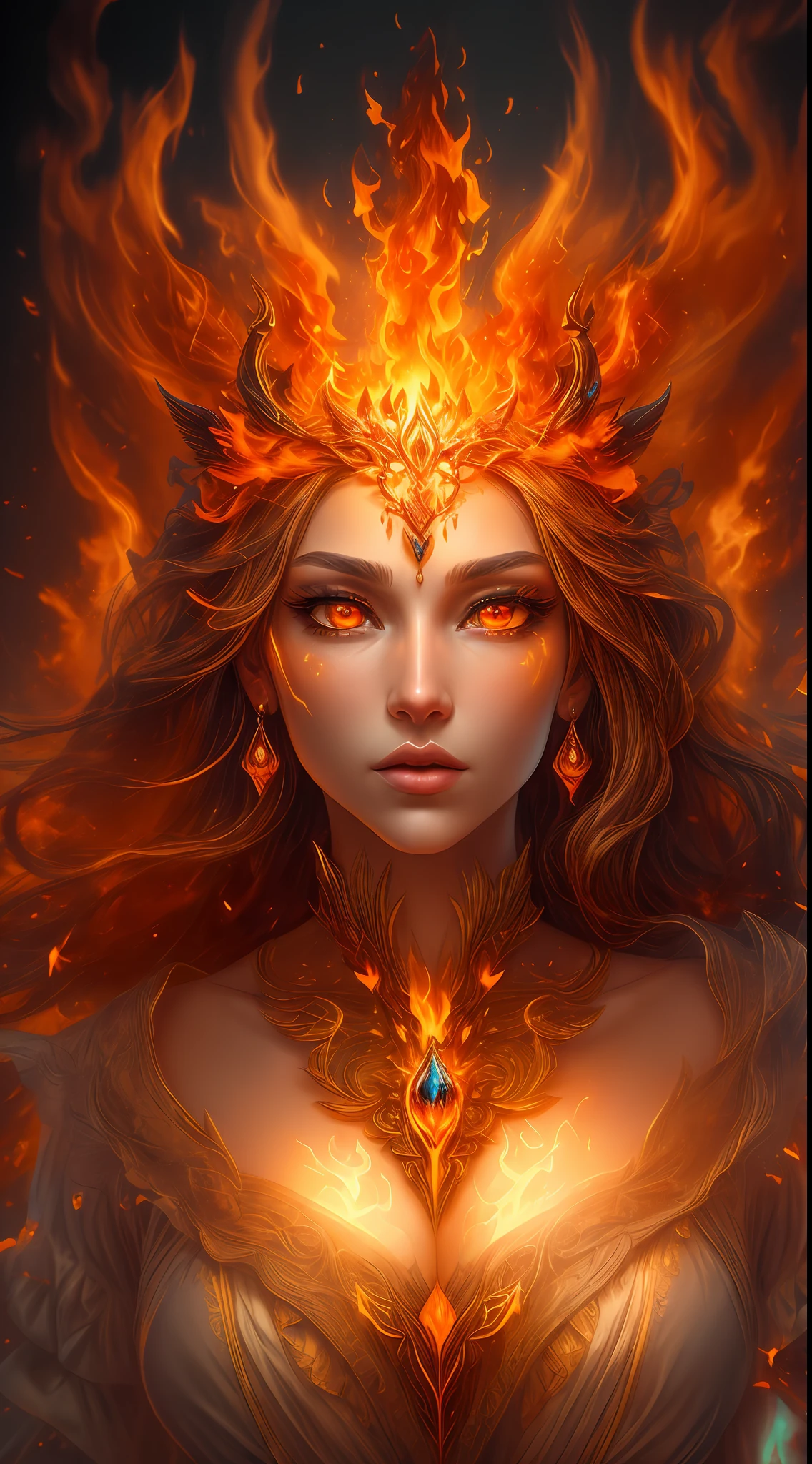 Dies ist ein realistisches Fantasy-Kunstwerk mit realistischem Feuer, einschließlich Flammenfetzen, glühende heiße Glut, dezente Rauchschwaden, und eine wunderschöne Feuerdruidin. Der Druide steht inmitten eines tobenden Infernos mit einer interessanten Komposition. Ihr Gesicht ist fachmännisch geformt, mit eleganten und raffinierten Merkmalen und perfekter Schattierung und realistischer Hautstruktur. Her (orange und goldene Augen) sind atemberaubend und stehen im Mittelpunkt dieses Bildes. (Ihre Augen sind äußerst detailliert, Schöne, detaillierte Augen, und Makro). Ihre Augen zeichnen sich durch komplexe Details mit klar definierter Iris und heller Sklera aus. Ihre weichen Lippen sind glatt und sehr geschwollen, und ihre Haut ist mit einem leichten Erröten und kunstvollen Feuerdetails geschmückt. Ihr langes Kleid ist atemberaubend und teuer, und besteht aus reinen Flammen und glitzernden, verzierte Juwelen, die im Feuerschein schimmern. Ihr wallendes Kleid glitzert in den Flammen und weist ein zart und aufwendig besticktes Mieder auf, über das Flammenfetzen verlaufen.. Integrieren Sie Fantasieelemente wie Unebenheiten, Steine, feuriges Schillern, glühende Glut, Seide, und einen interessanten Hintergrund. Enthält feurige magische Kreaturen wie feurige Vögel und feurige Schmetterlinge, die eine magische und mystische Aura ausstrahlen. Beleuchtung: Nutzen Sie die neuesten Beleuchtungstrends, um die Schönheit des Kunstwerks hervorzuheben. Kamera: Nutzen Sie dynamische Kompositionen, um ein Gefühl von Dringlichkeit und Spannung zu erzeugen. Lassen Sie sich von den aktuellen Meistern des Fantasy-Genres inspirieren, einschließlich angesagter Künstler auf Artstation und Midjourney. ((Meisterwerk))