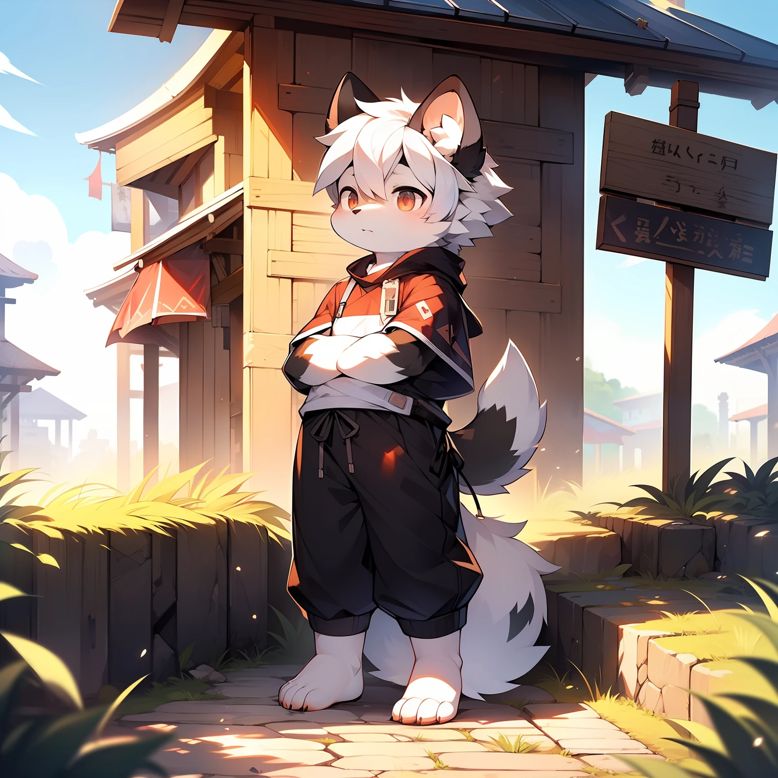 Libido boy，furry wolf，((shota)), Black and white hair, Very good figure, Handsome，adolable, Light：Extreme light and shadow, Reflective skin,Reddish skin，((worn-out clothing，Commoner)) ，((grassy fields，Stone path，Signs，baiyun，solo，solo person))，Outdoor sunset，((the detail))，（depth of fields），standing on your feet