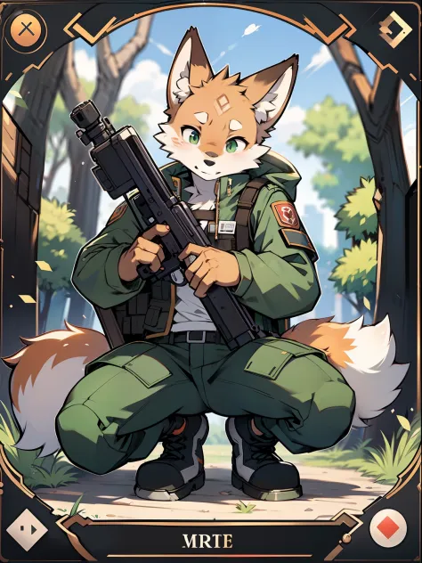 Frame of trading card, UI markings in the upper-right and lower-left corners of the gameplay style card.dark green tone. A 14-year-old little fox and uniformed scout crouches behind a tree，Aim the sniper rifle at distant targets. He wore a camouflage jacke...