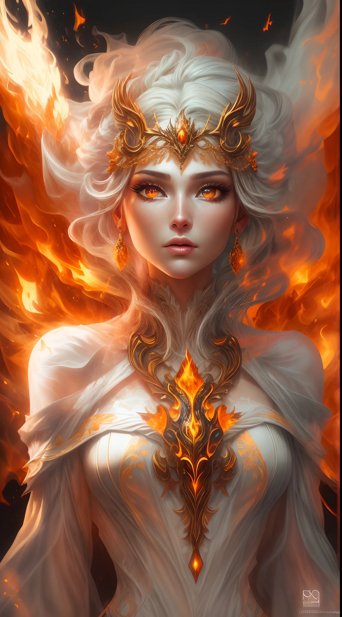 これはリアルな火を特徴とするリアルなファンタジーアートです, 炎の糸を含む, 燃え盛る熱い残り火, かすかな煙の渦, そして美しい火のドルイド. ドルイド僧は激しい炎の中に立ち、興味深い構図を描いている。. 彼女 face is expertly sculpted, エレガントで洗練された特徴と完璧な陰影とリアルな肌の質感. 彼女 (オレンジと金色の目) 素晴らしいもので、この画像の焦点となっています. (彼女 eyes extremely detailed, 美しい細部までこだわった目, マクロ). 彼女 eyes feature intricate detailing with clearly defined irises and bright sclera. 彼女 soft lips are smooth and very puffy, 彼女の肌は淡い紅潮と華麗な炎の模様で飾られている. 彼女 long gown is stunning and expensive, 純粋な炎と輝く光でできている, 火の光の中できらめく華やかな宝石. 彼女 billowing gown glitters from the flames and features a delicately and intricately embroidered bodice with wisps of flames running across it. バンプなどのファンタジー要素を含める, 石, 燃えるような虹彩, 燃える残り火, シルク, そして興味深い背景. 魔法的で神秘的なオーラを放つ炎の鳥や炎の蝶などの炎の魔法の生き物を含める. 点灯: 最新の照明トレンドを活用してアート作品の美しさを高めます. カメラ: ダイナミックな構成を活用して緊迫感と興奮感を演出する. 現在のファンタジージャンルの巨匠からインスピレーションを得る, ArtstationやMidjourneyで人気のアーティストを含む. ((傑作))