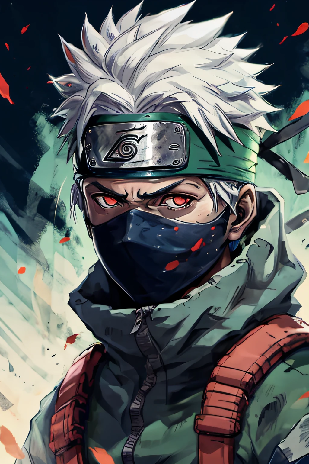 Kakashi, 1st grade, standing alone, male focus, Glow Up, Eyes red, heterochromatic, looking up at the audience, glare eyes, scars, Ninjas, glare eyes, scars in the face, lightning strike