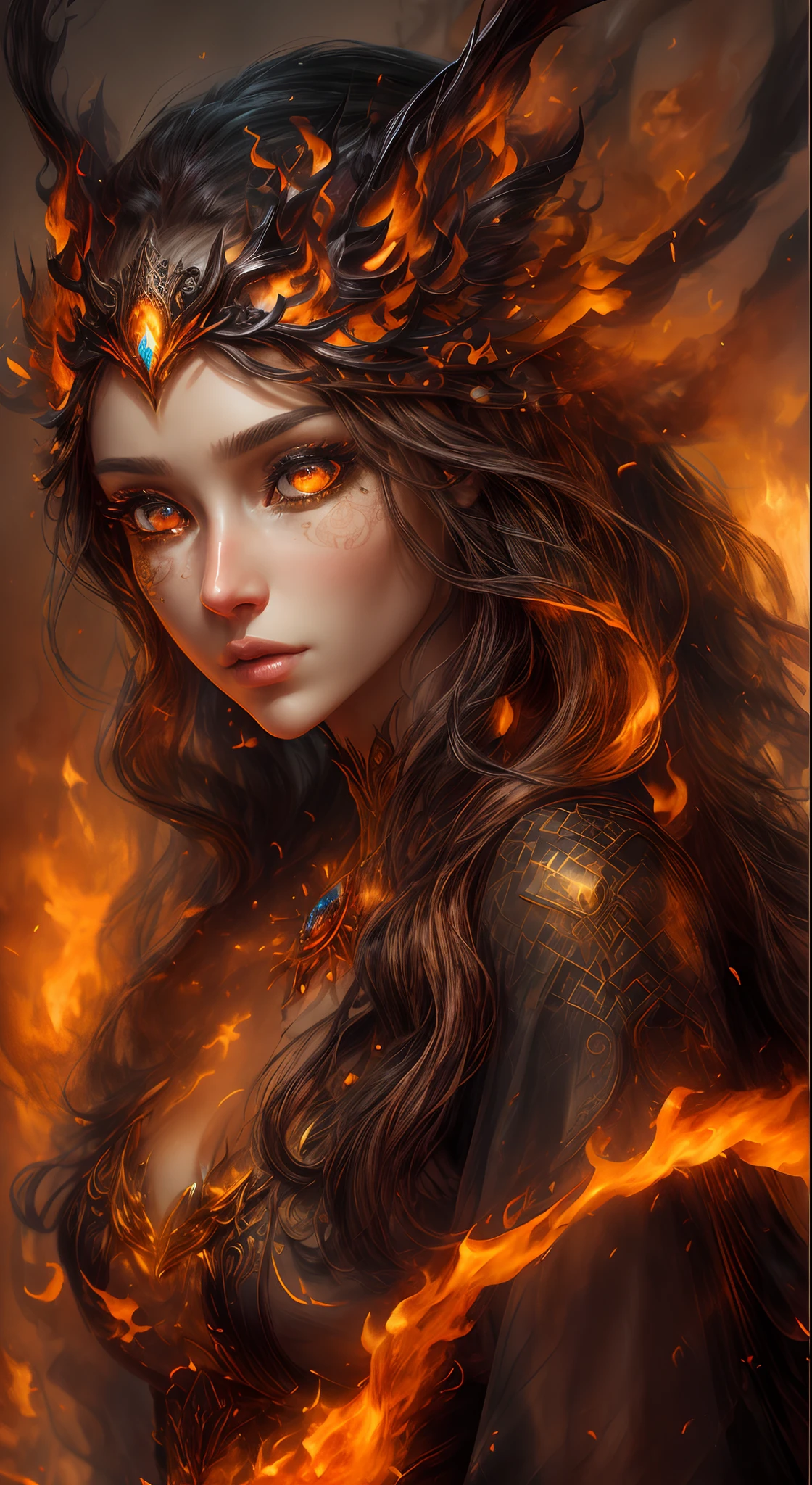This is a realistic fantasy artwork prominently featuring realistic fire, including wisps of flames, glowing hot embers, subtle curls of smoke, and a beautiful fire druid. The druid stands in the midst of a raging inferno with an interesting composition. Her face is expertly sculpted, with elegant and refined features and perfect shading and realistic skin texture. Her (orange and gold eyes) are stunning and are the focal point of this image. ((((Her eyes extremely detailed, (((beautiful detailed))) eyes, and macro)))). Her eyes feature intricate detailing with clearly defined irises and bright sclera. Her soft lips are smooth and very puffy, and her skin is adorned with a light flush and ornate fire detailing. Her long gown is stunning and expensive, and is made of pure flames and glittering, ornate jewels that glimmer in the fire light. Her billowing gown glitters from the flames and features a delicately and intricately embroidered bodice with wisps of flames running across it. Include fantasy elements like bumps, stones, fiery iridescence, glowing embers, silk, and an interesting background. Include fiery magical creatures such as fiery birds and fiery butterflies that give off a magical and mystical aura. Lighting: Utilize the latest trends in lighting to enhance the artwork's beauty. Camera: Utilize dynamic composition to create a sense of urgency and excitement. Take inspiration from the current masters of the fantasy genre, including trending artists on Artstation and Midjourney. ((masterpiece))