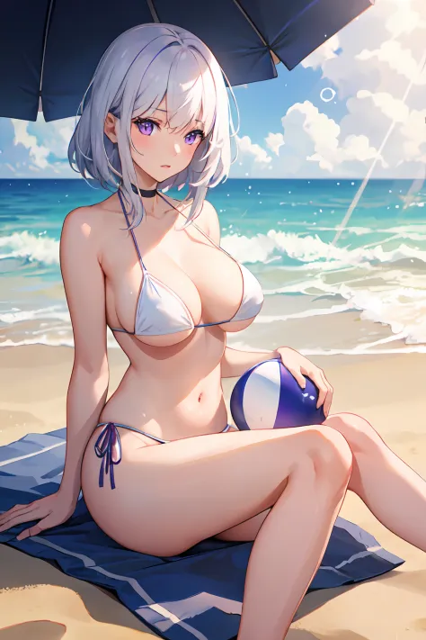 1girl with white hair and purple eyes wearing a bikini, sitting on the beach. Her hands are placed on the sand, and her knees are close together. The point of view is from the front, emphasizing her thick thighs. The scene is enhanced by light particles an...
