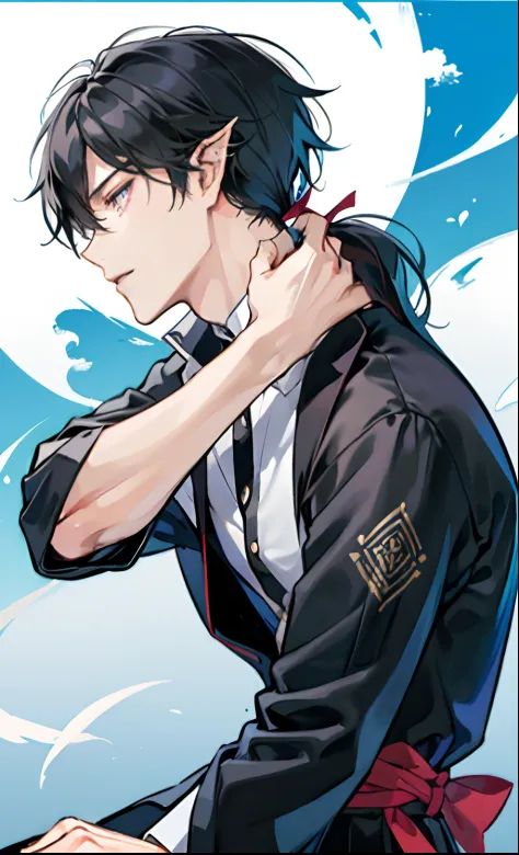 solo, handsome man with black hair in a ponytail, man in a black suit, pointed elf ears, silver eyes, calm neutral expression, i...