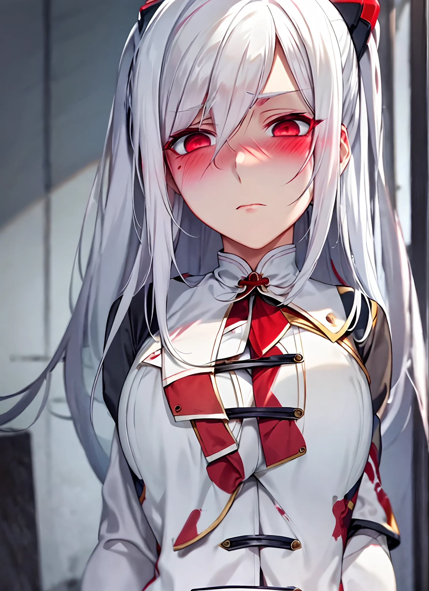 white hair,red eyes,disqusted,blush,looking away,rape,tied up