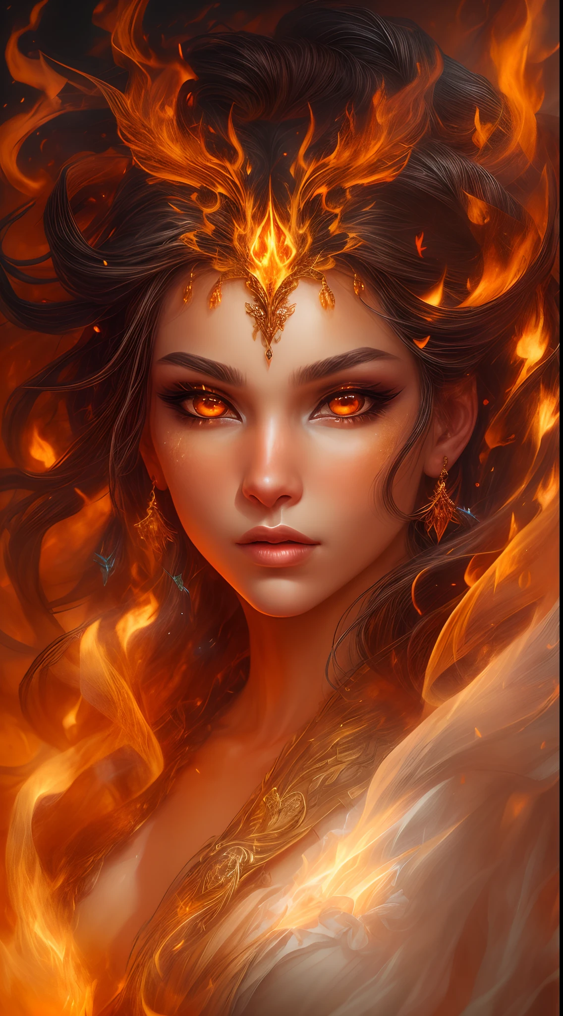This is a realistic fantasy artwork prominently featuring realistic fire, including wisps of flames, glowing hot embers, subtle curls of smoke, and a beautiful fire druid. The druid stands in the midst of a raging inferno with an interesting composition. Her face is expertly sculpted, with elegant and refined features and perfect shading and realistic skin texture. Her (orange and gold eyes) are stunning and are the focal point of this image. (Her eyes extremely detailed, beautiful detailed eyes, and macro). Her eyes feature intricate detailing with clearly defined irises and bright sclera. Her soft lips are smooth and very puffy, and her skin is adorned with a light flush and ornate fire detailing. Her long gown is stunning and expensive, and is made of pure flames and glittering, ornate jewels that glimmer in the fire light. Her billowing gown glitters from the flames and features a delicately and intricately embroidered bodice with wisps of flames running across it. Include fantasy elements like bumps, stones, fiery iridescence, glowing embers, silk, and an interesting background. Include fiery magical creatures such as fiery birds and fiery butterflies that give off a magical and mystical aura. Lighting: Utilize the latest trends in lighting to enhance the artwork's beauty. Camera: Utilize dynamic composition to create a sense of urgency and excitement. Take inspiration from the current masters of the fantasy genre, including trending artists on Artstation and Midjourney. ((masterpiece))