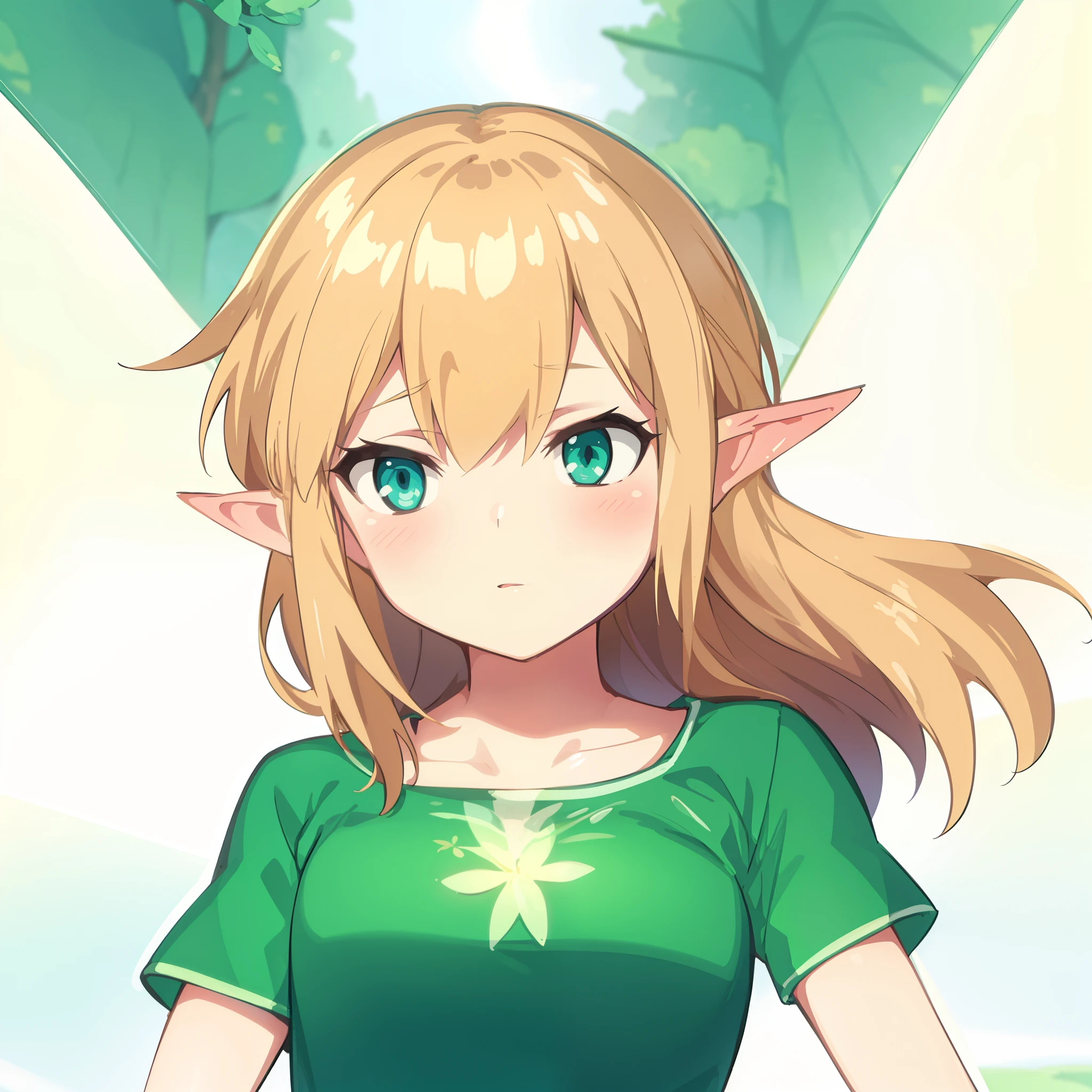 Fairy Girl.  white transparent wings. blonde woman. Cyan eyes. Playful face. green dress with knots. against the background of the forest and the sky