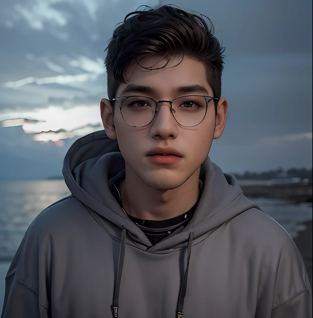 (masterpiece:1.2), (best quality:1.2), hyper realistic,highestres,absurdres,extremely detailed,volumetic,dramatic lighting,(frontal view),
20 year old boy,face,detailed eyes, flat grey hoodie, black t-shirt, with background ((sky))