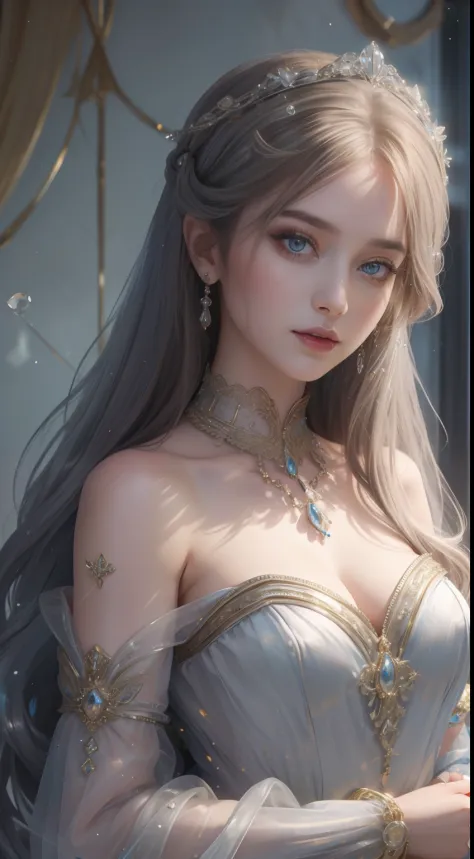 tmasterpiece，Highest image quality，Beautiful bust of a noble maiden，Delicate silver hairstyle，Clear golden eyes，Embellished with...