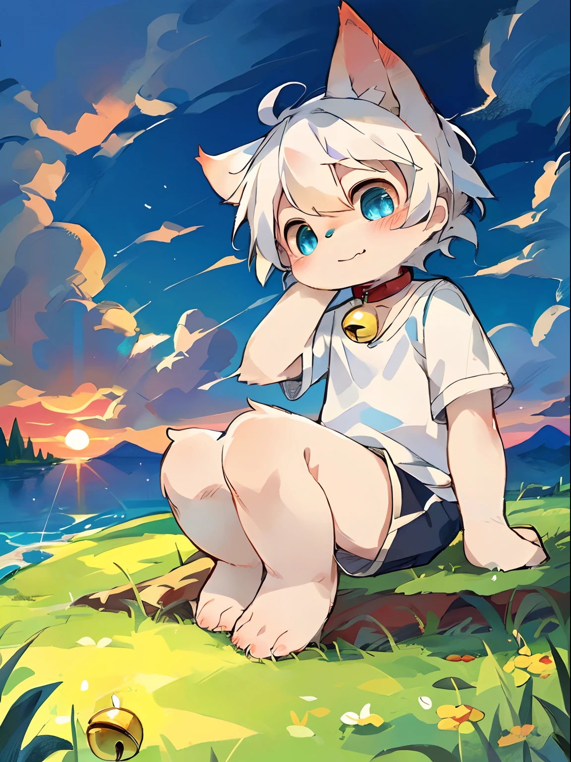 Masterpiece, high quality, absurd resolution, digital painting \ (artwork \), by dagasi, yupa, kiyosan, (fluffy fur, white fur, full body fur,), boys, blue eyes, white hair, shorts, bare feet, bright eyes, panorama, character focus. Detailed background, cloud background, dusk, sunset (bell, pet collar, white short sleeves: 1.2)