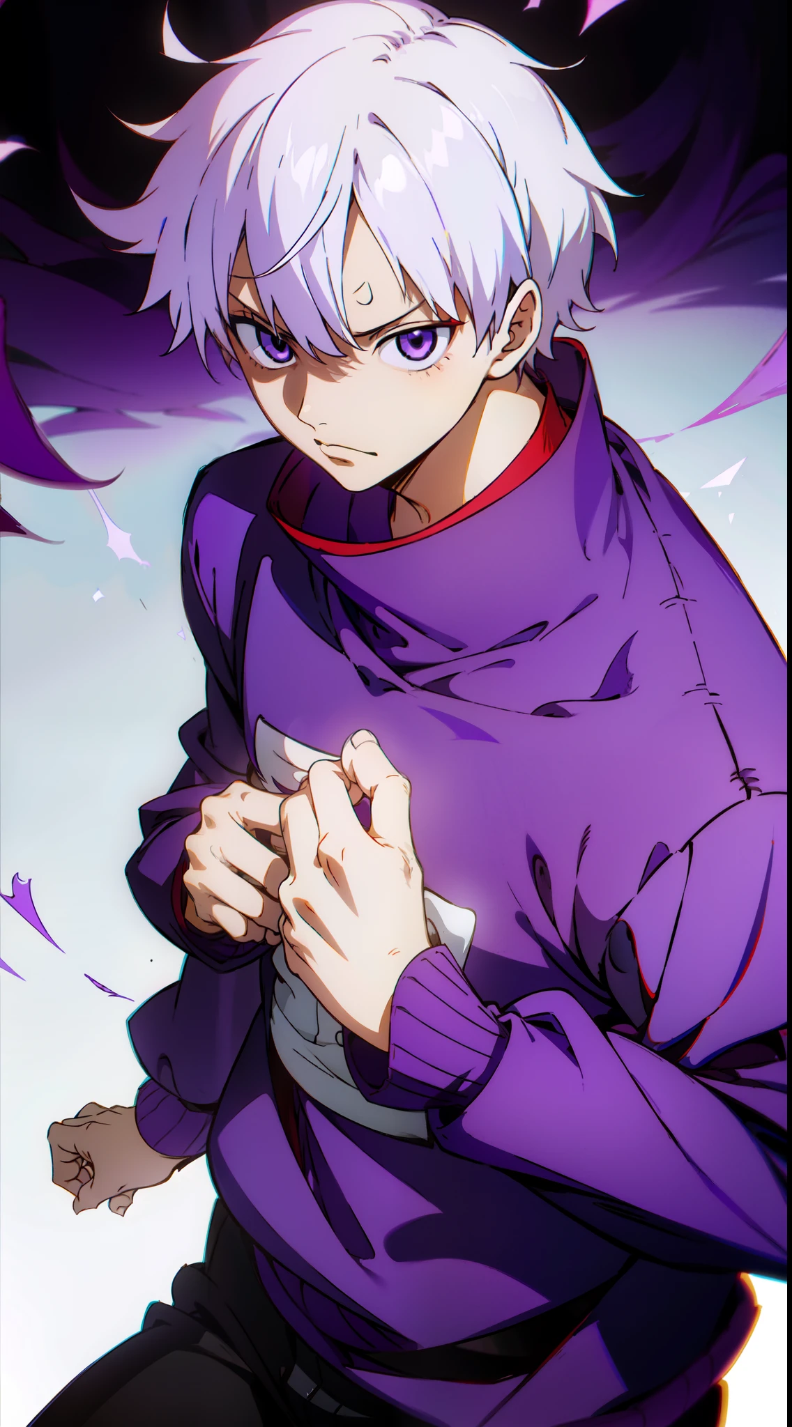 (boy with white hair ken kaneki style, purple eyes, purple sweater)