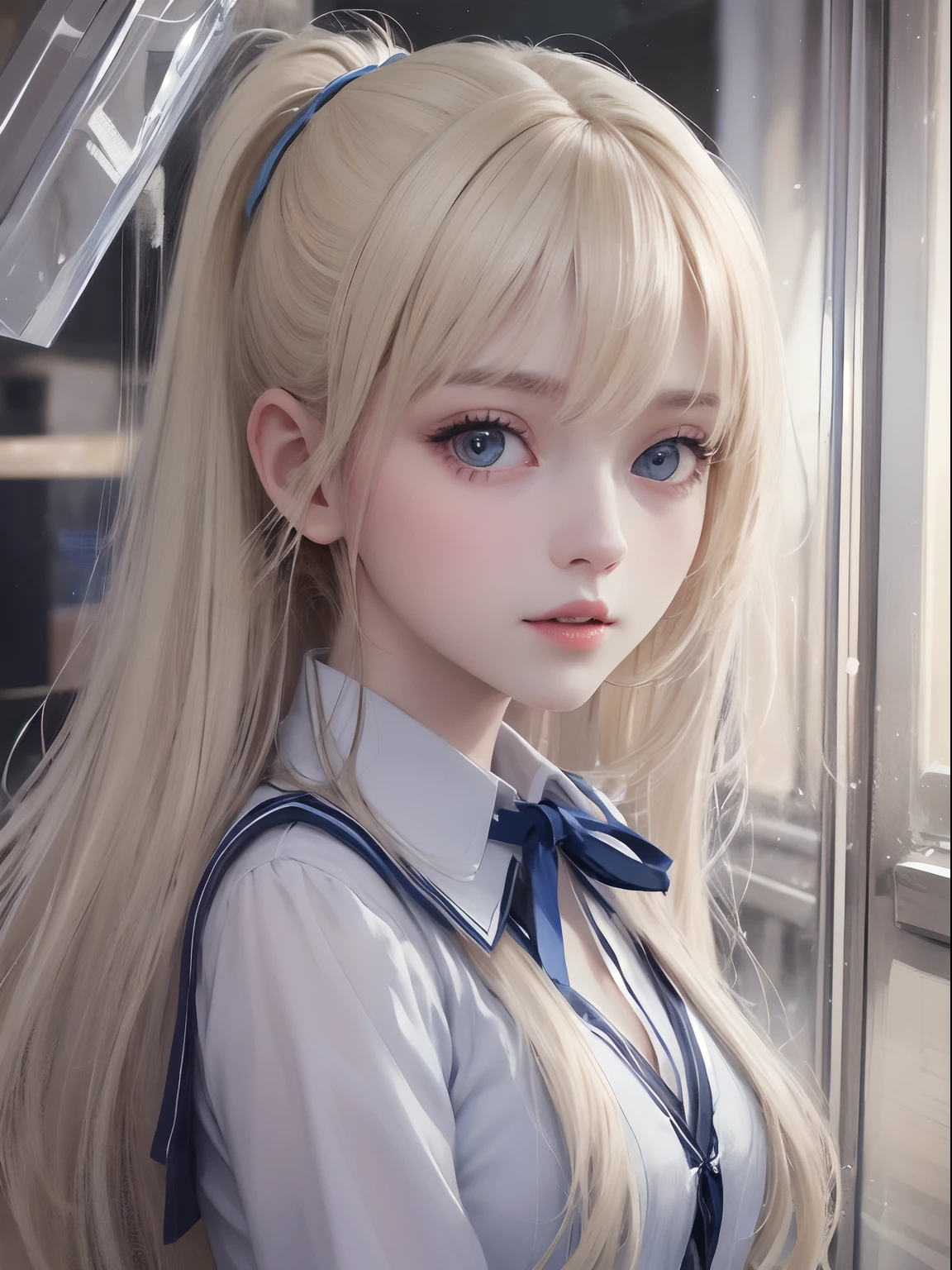 portlate、School Uniforms、bright expression、poneyTail、Young shiny shiny white shiny skin、Best Looks、Blonde reflected light、Platinum blonde hair with dazzling highlights、shiny light hair,、Super long silky straight hair、Beautiful bangs that shine、Glowing crystal clear attractive big blue eyes、Very beautiful nice cute 16 year old girl、Lush bust