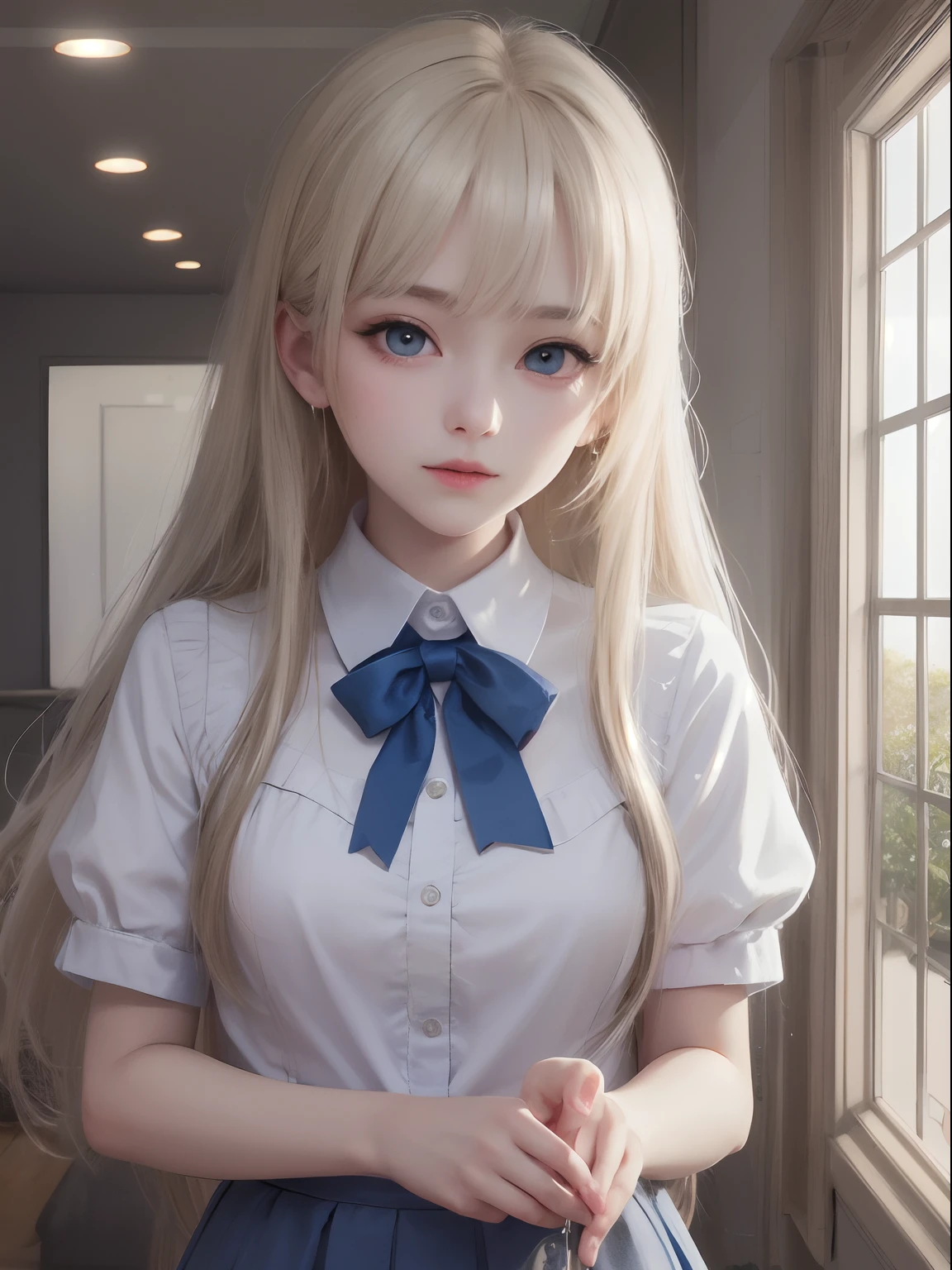 portlate、School Uniforms、bright expression、poneyTail、Young shiny shiny white shiny skin、Best Looks、Blonde reflected light、Platinum blonde hair with dazzling highlights、shiny light hair,、Super long silky straight hair、Beautiful bangs that shine、Glowing crystal clear attractive big blue eyes、Very beautiful nice cute 16 year old girl、Lush bust