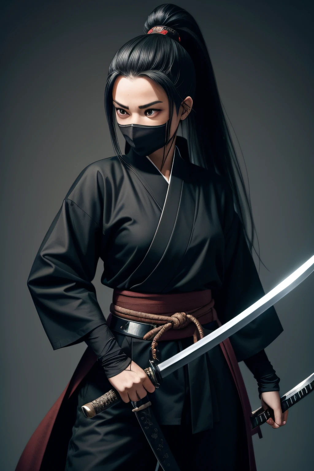 A woman in a black outfit holding a sword and wearing a mask - SeaArt AI