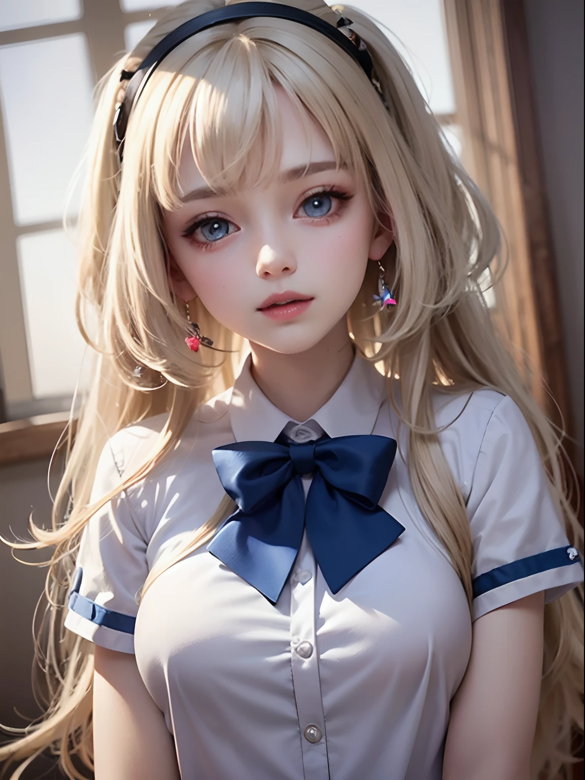 portlate、School Uniforms、bright expression、poneyTail、Young shiny shiny white shiny skin、Best Looks、Blonde reflected light、Platinum blonde hair with dazzling highlights、shiny light hair,、Super long silky straight hair、Beautiful bangs that shine、Glowing crystal clear attractive big blue eyes、Very beautiful nice cute 16 year old girl、Lush bust