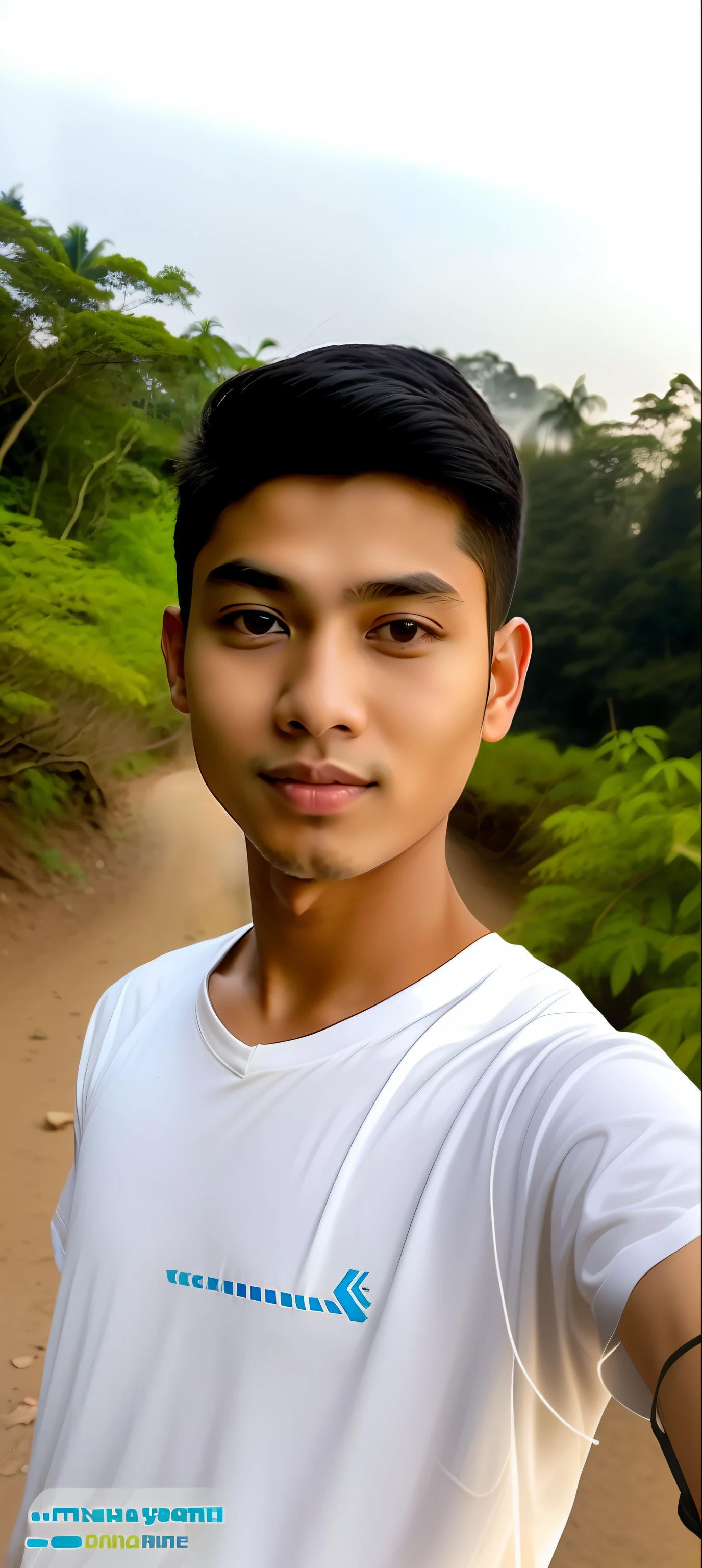 there is a man that is taking a selfie with his cell phone, ayan nag, nivanh chanthara, around 1 9 years old, south east asian with round face, with accurate face, in front of a forest background, with kind face, mohamed chahin, young face, assamese, male teenager, ismail, without helmet, teenage boy