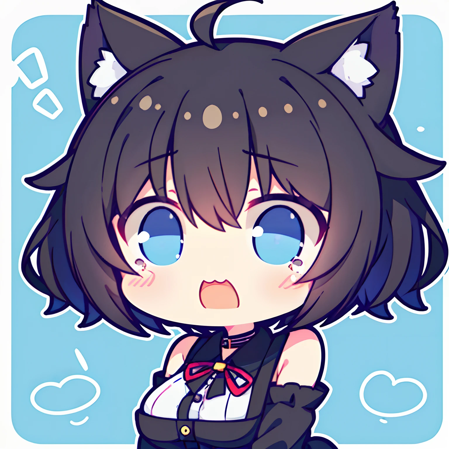 girl with、Chibi、((Best Quality, high_resolution, Distinct_image)),(Black hair), (Black cat ears), (Ahoge), (absurdly short hair), (Wavy Hair), (Blue eyes),、Crying face、mideum breasts、