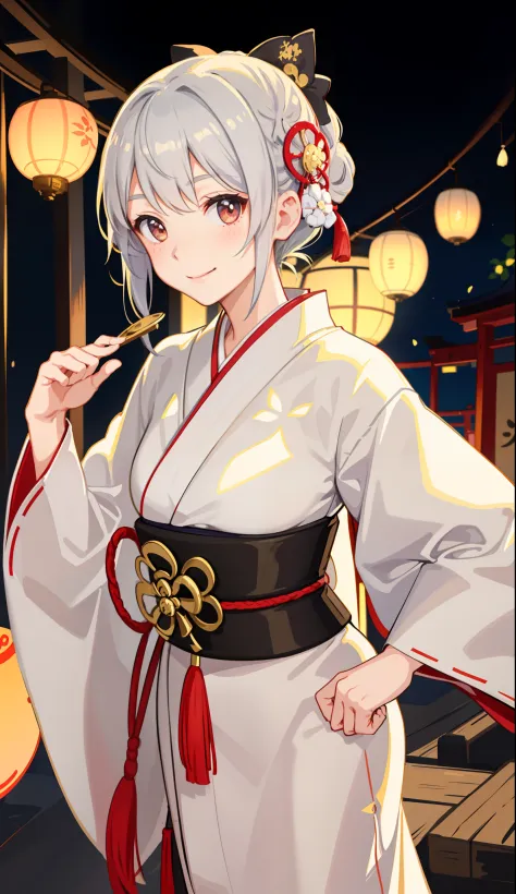 1girl in、A smile、A delightful!　Taisho period in Japan、White color kimono、Hakama、（small tits）