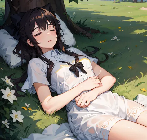 1girl,laying,laying_on_the_grass,grass,under_the_tree,a_hand_caresses_her_hair,sleep,peaceful_atmosphere