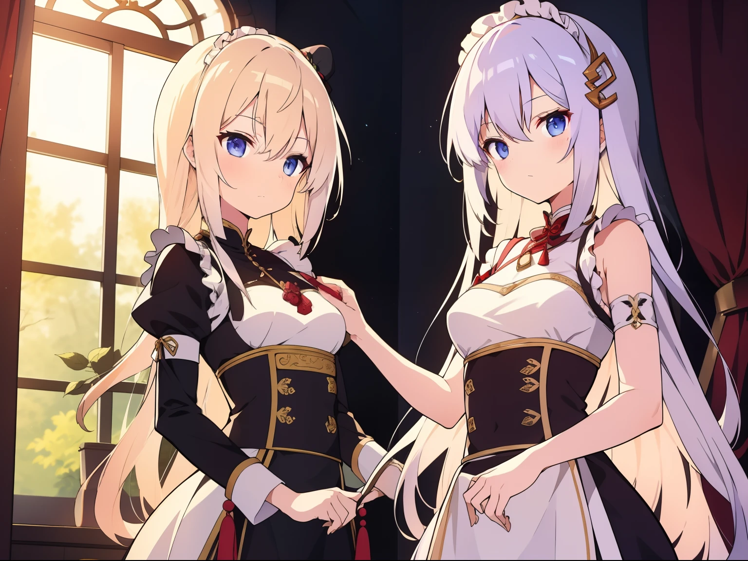 Two anime girls in maid dresses standing next to each other - SeaArt AI