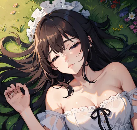 1girl,laying,laying_on_the_grass,grass,under_the_tree,a_hand_caresses_her_hair,sleep,peaceful_atmosphere,focus_to_her_face,up_view