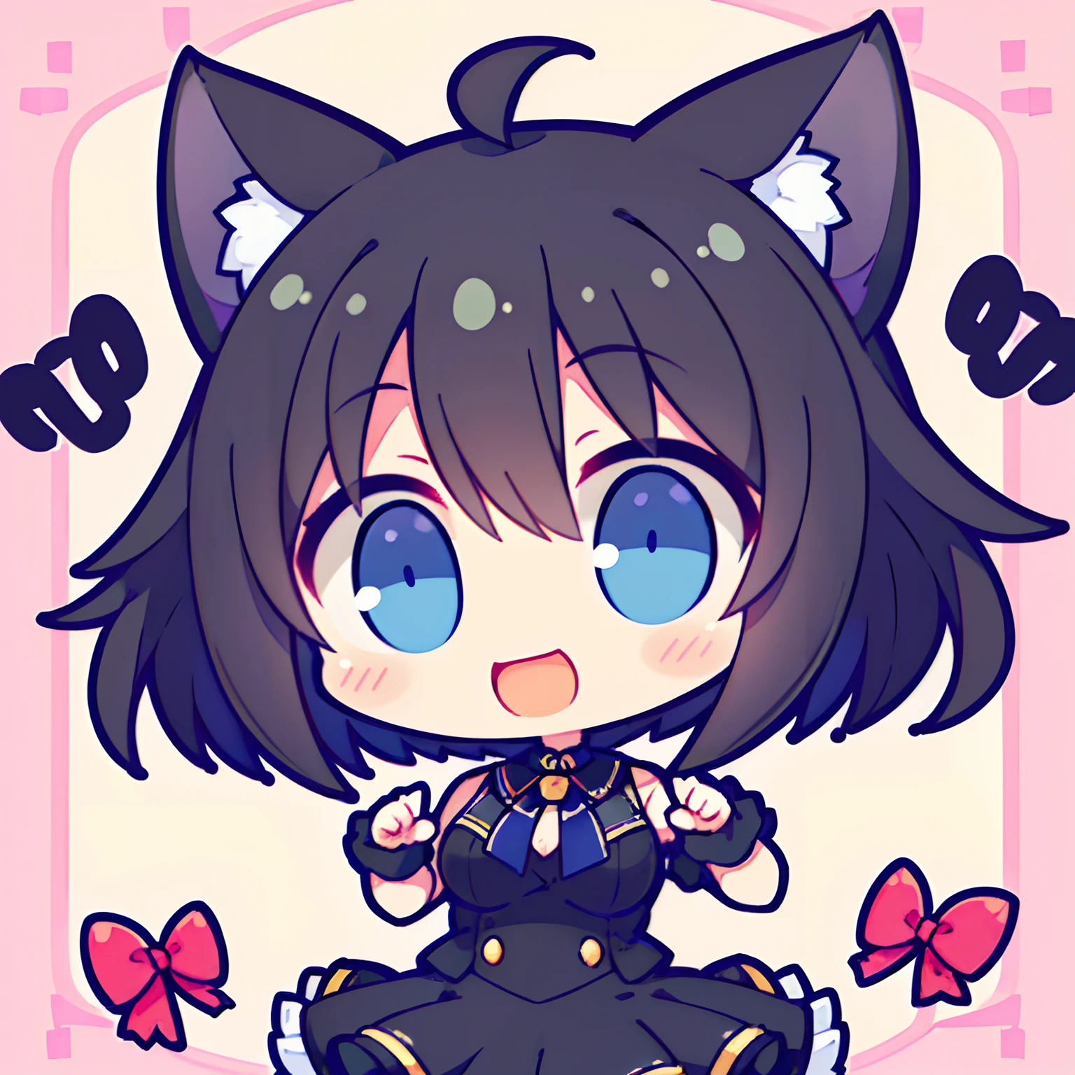 girl with、Chibi、((Best Quality, high_resolution, Distinct_image)),(Black hair), (Black cat ears), (Ahoge), (absurdly short hair), (Wavy Hair), (Blue eyes),、Tremendous smile、mideum breasts、