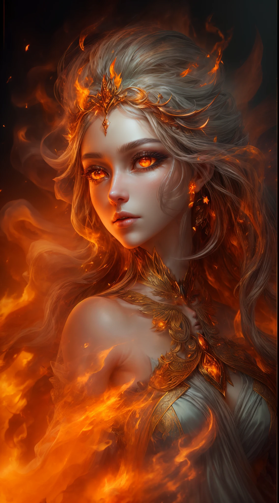 This is a realistic fantasy artwork prominently featuring realistic fire, including wisps of flames, glowing hot embers, subtle curls of smoke, and a beautiful fire druid. The druid stands in the midst of a raging inferno with an interesting composition. Her face is expertly sculpted, with elegant and refined features and perfect shading and realistic skin texture. Her (orange and gold eyes) are stunning and are the focal point of this image. (Her eyes extremely detailed, beautiful detailed eyes, and macro). Her eyes feature intricate detailing with clearly defined irises and bright sclera. Her soft lips are smooth and very puffy, and her skin is adorned with a light flush and ornate fire detailing. Her long gown is stunning and expensive, and is made of pure flames and glittering, ornate jewels that glimmer in the fire light. Her billowing gown glitters from the flames and features a delicately and intricately embroidered bodice with wisps of flames running across it. Include fantasy elements like bumps, stones, fiery iridescence, glowing embers, silk, and an interesting background. Include fiery magical creatures such as fiery birds and fiery butterflies that give off a magical and mystical aura. Lighting: Utilize the latest trends in lighting to enhance the artwork's beauty. Camera: Utilize dynamic composition to create a sense of urgency and excitement. Take inspiration from the current masters of the fantasy genre, including trending artists on Artstation and Midjourney. ((masterpiece))