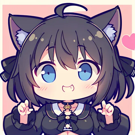 girl with、Chibi、((Best Quality, high_resolution, Distinct_image)),(Black hair), (Black cat ears), (Ahoge), (absurdly short hair), (Wavy Hair), (Blue eyes),、a smile、Mouth closed。mideum breasts、piece sign
