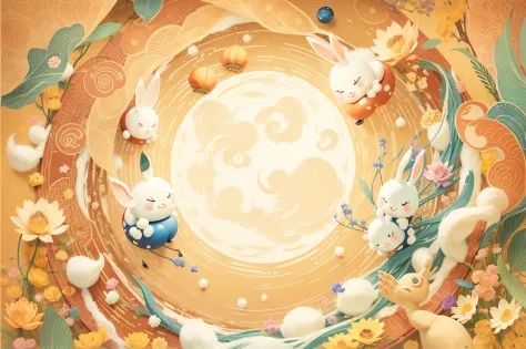 Mid-Autumn Festival moon lights, rabbit Han style lotus, auspicious cloud river hand-painted