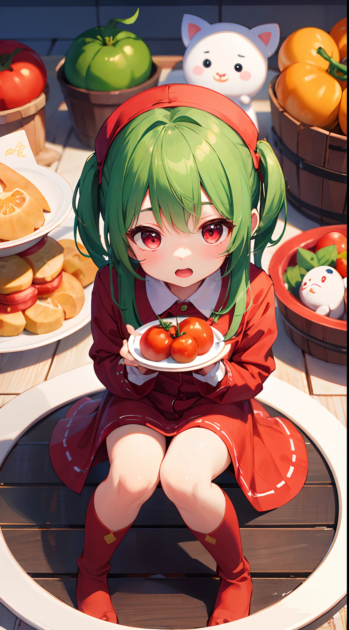 White tray、girl with、little man、Red eyes、Green hair、outfits：Tomato ...