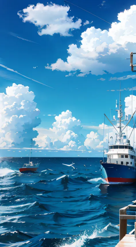 Medium-sized fishing vessels，sea surface，with blue sky and white clouds，There are seabirds