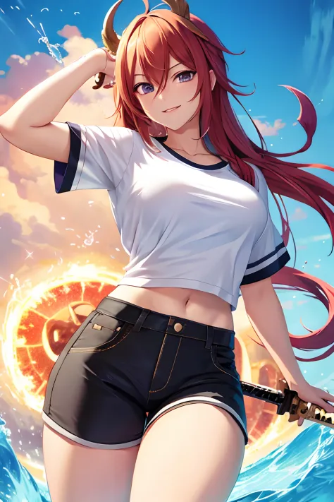 anime big breast，man，middle score，The right hand holds a sword，Kirin behind him，Wear white short-sleeved black shorts，