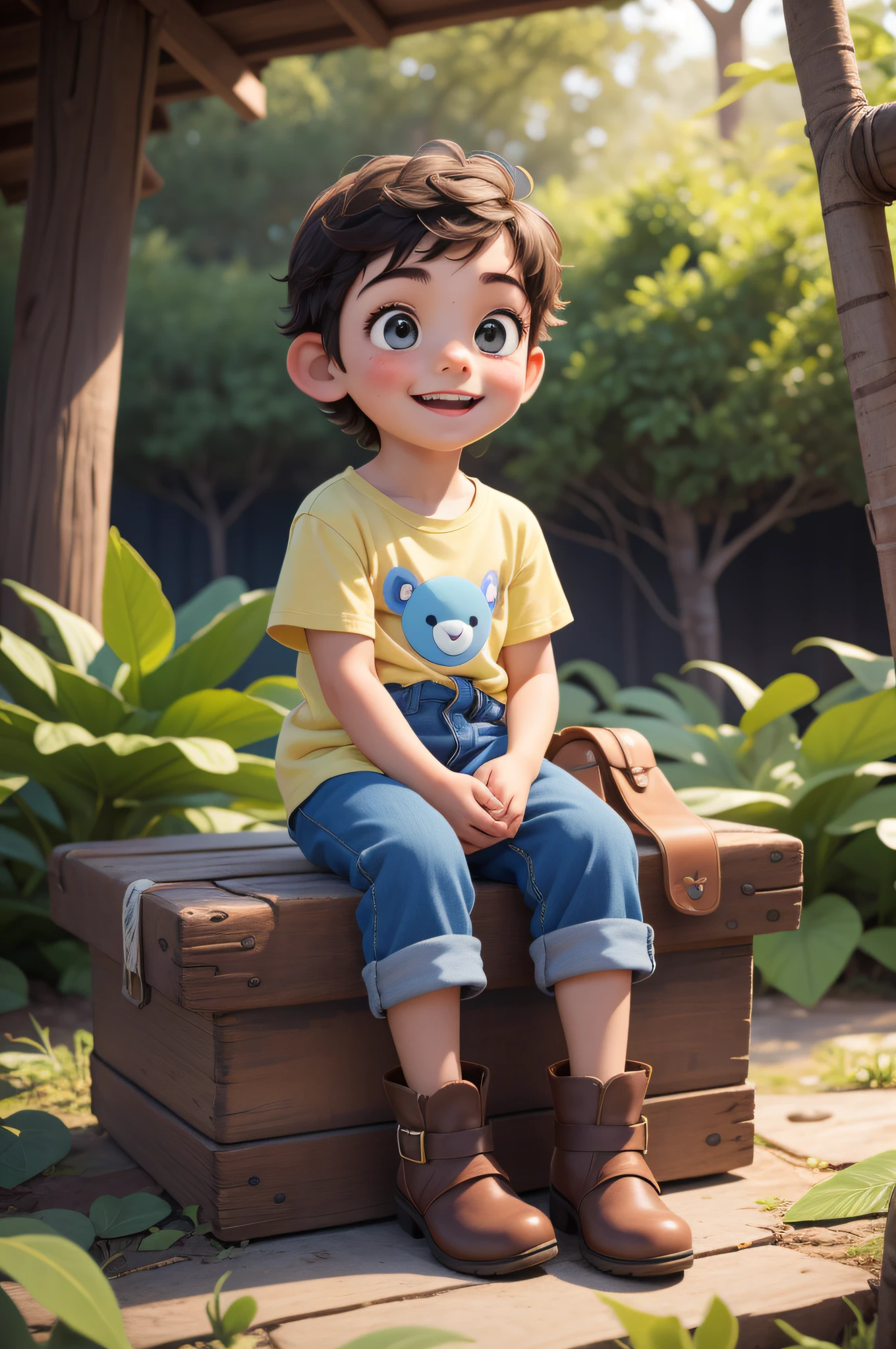 小小探险家的旅程: 一个快乐的小男孩坐在地板上, 在树林里, 背着一个蓝色小背包, 黄色衬衫, 黑色短裤, 蓝色登山靴