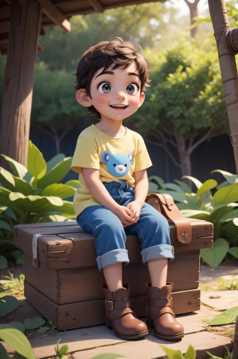 A Jornada dos Pequenos Exploradores: a happy little boy sitting on the floor, na floresta, com uma pequena mochila azul nas cost...