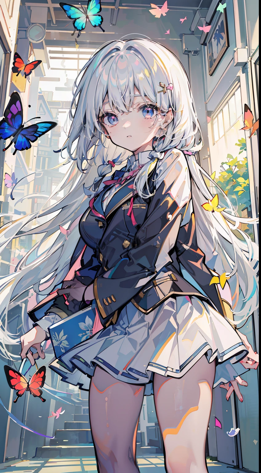 (masterpiece), (best quality),school background,  (ultra detailed),(disheveled hair),(illustration), (1girl), (wearing korean school uniform ), standing, Fashion model, looking at viewer, (interview), (korean school background ),beautiful detailed eyes, delicate beautiful face, Floating,(high saturation),(colorful splashes),colorful bubble,(shining), focus on face,  hair braids , kamisato ayaka, light white hair, bangs, hair ring, floating butterflies , floating hairs, (shining), best lighting, best shadow,