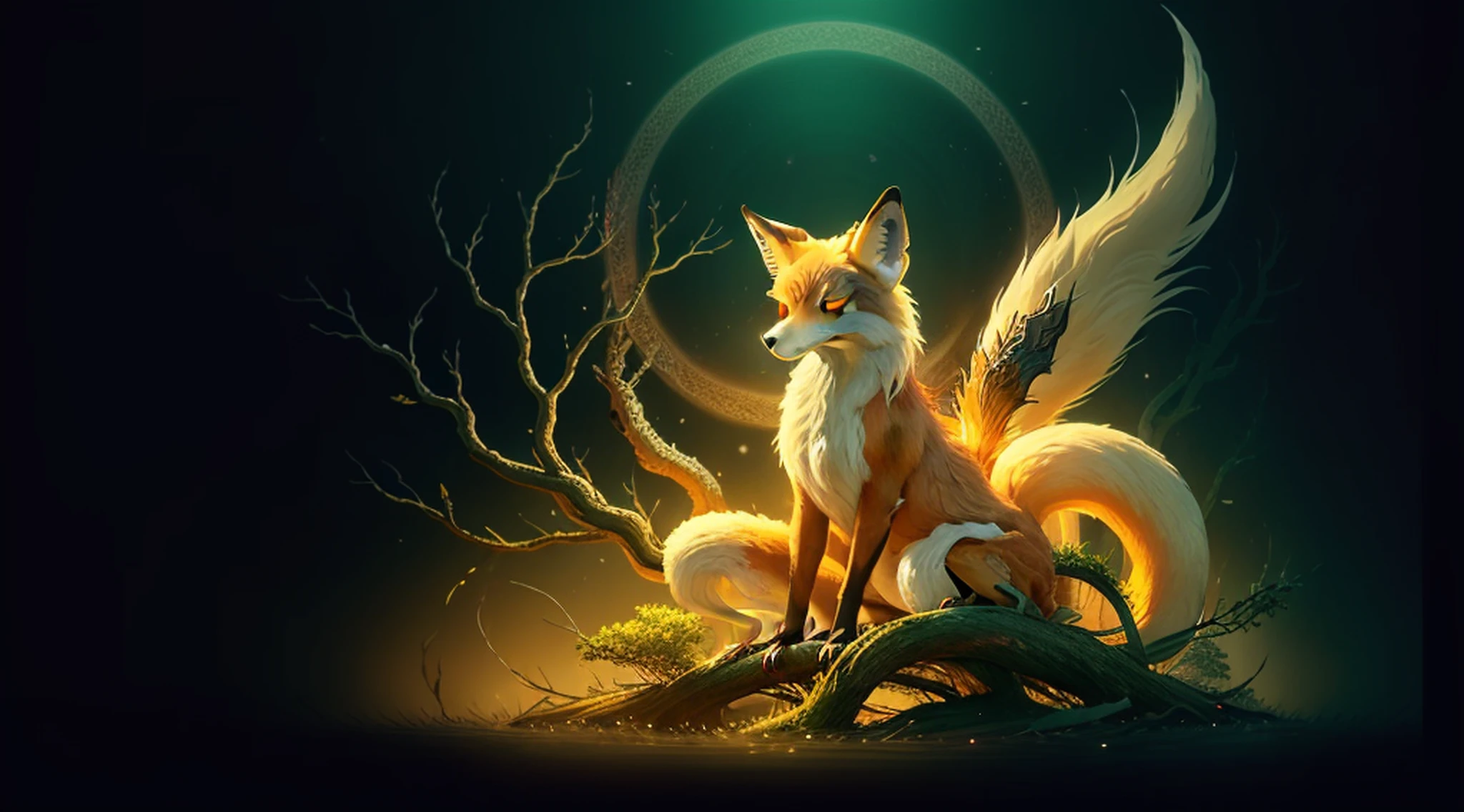 Drawing of a Fuchs with white hair sitting on a branch, ethereal Fuchs, neunschwänzig Fuchs, Fuchs three-tailed Fuchs, Onmyoji detaillierte Kunst, neunschwänzig, schöne Kunstwerk-Illustration, Fabelwesen, Fuchs, Wunderschöne digitale Kunstwerke, exquisite digitale Illustrationen, mizutsune, inspiriert von mythischen Kreaturen Wildnet, digitale Kunst auf Pixiv, starkes Licht, Hoher Kontrast, horror movie theme, Dunkle Atmosphäre