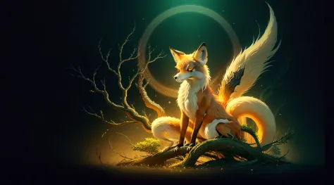 Drawing of a fox with white hair sitting on a branch, ethereal fox, nine-tailed fox, fox three-tailed fox, onmyoji detailed art,...