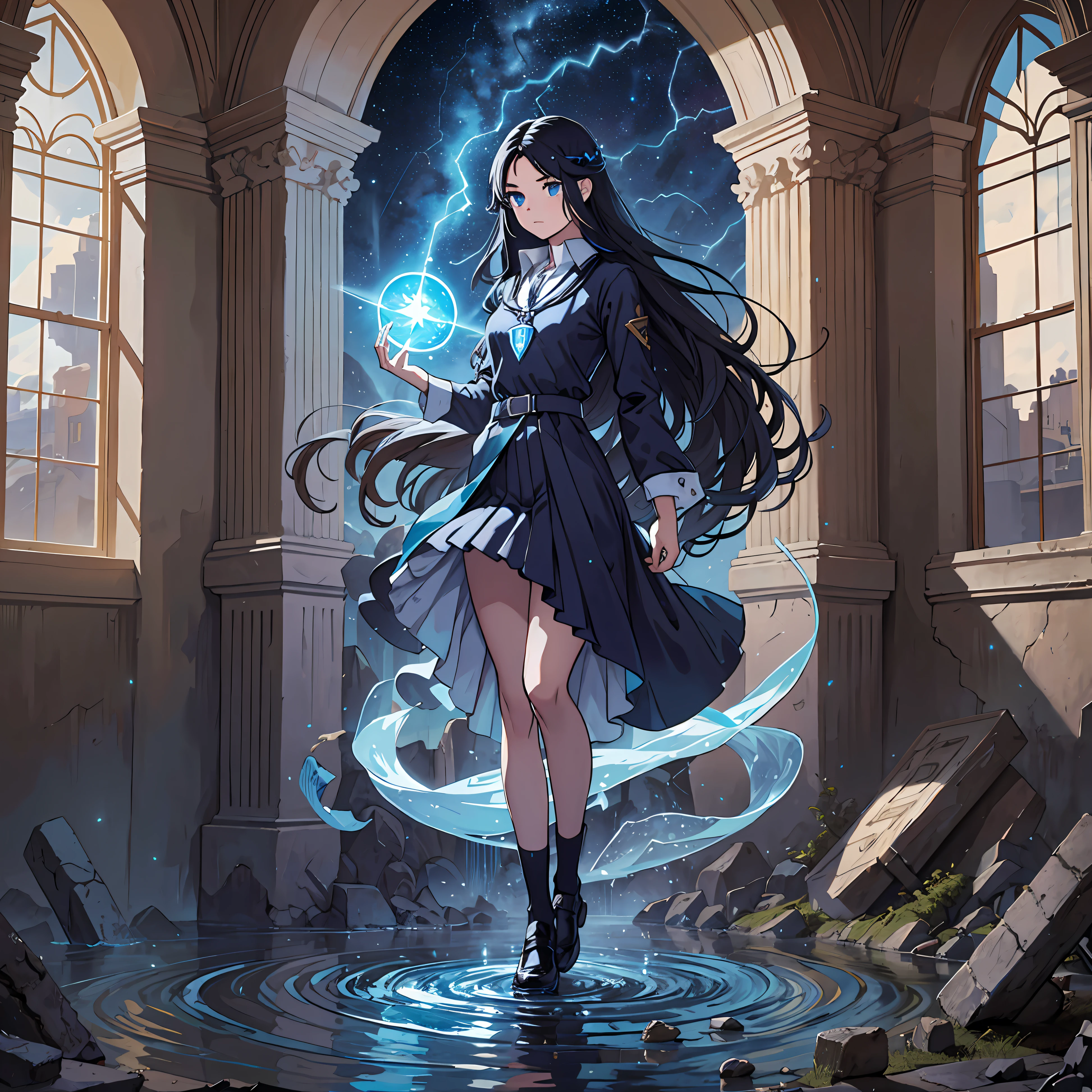 Anime girl with long black hair standing in a room with a blue light -  SeaArt AI