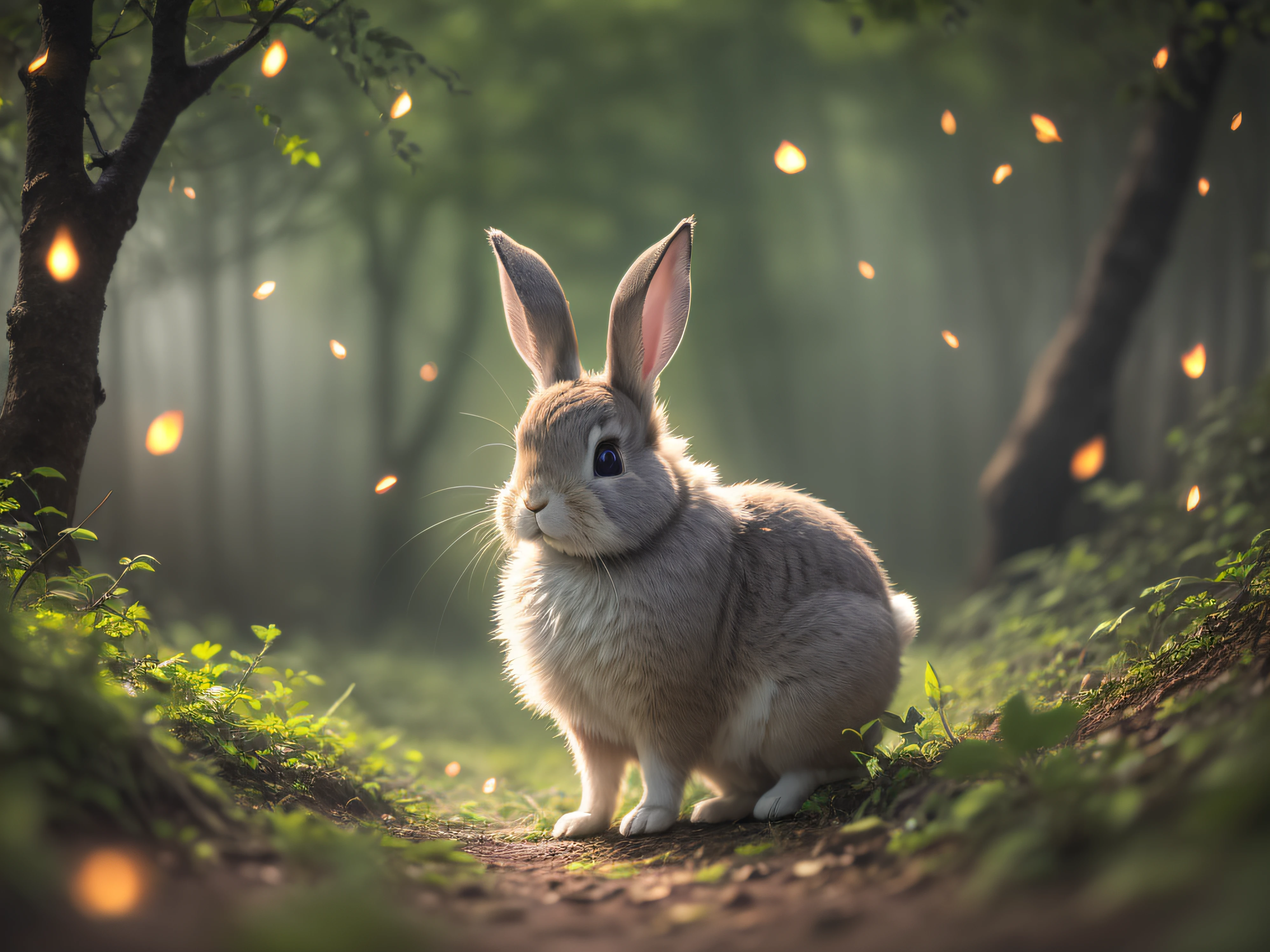 魔法森林里兔子的特写照片, 深夜, 在树林里, 背光, 萤火虫, 体积雾, 光环, 盛开, 戏剧氛围, 中心, 三分法则, 200毫米 1.4f 微距拍摄
