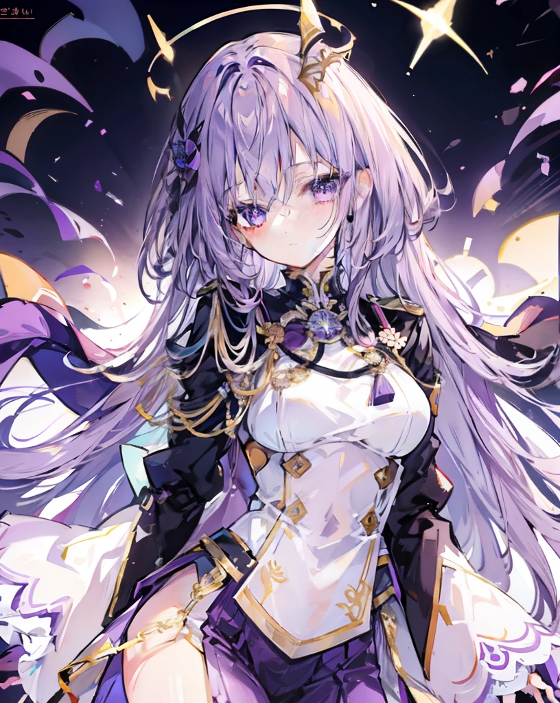 Dressed in purple and gold，Beautiful girl in official uniform，The hair is purple，long whitr hair，The pupils are crimson，The slender waist does not show the figure