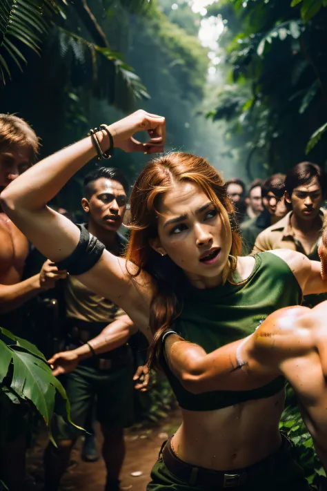 a picture、jungles、Caucasian Female Adventurer、Surrounded by many native men、Captured、Fighting、Sweaty